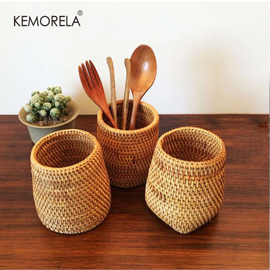 Rattan Pen Holder Shovel Spoons Bucket Dinner Knives Forks Tableware Storage Baskets Organizer Home Decoration Garden Restaurant