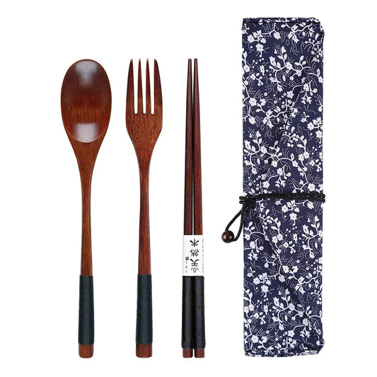 Natural Wooden Cutlery Set – Japanese Style Spoon, Fork & Chopsticks with Bag