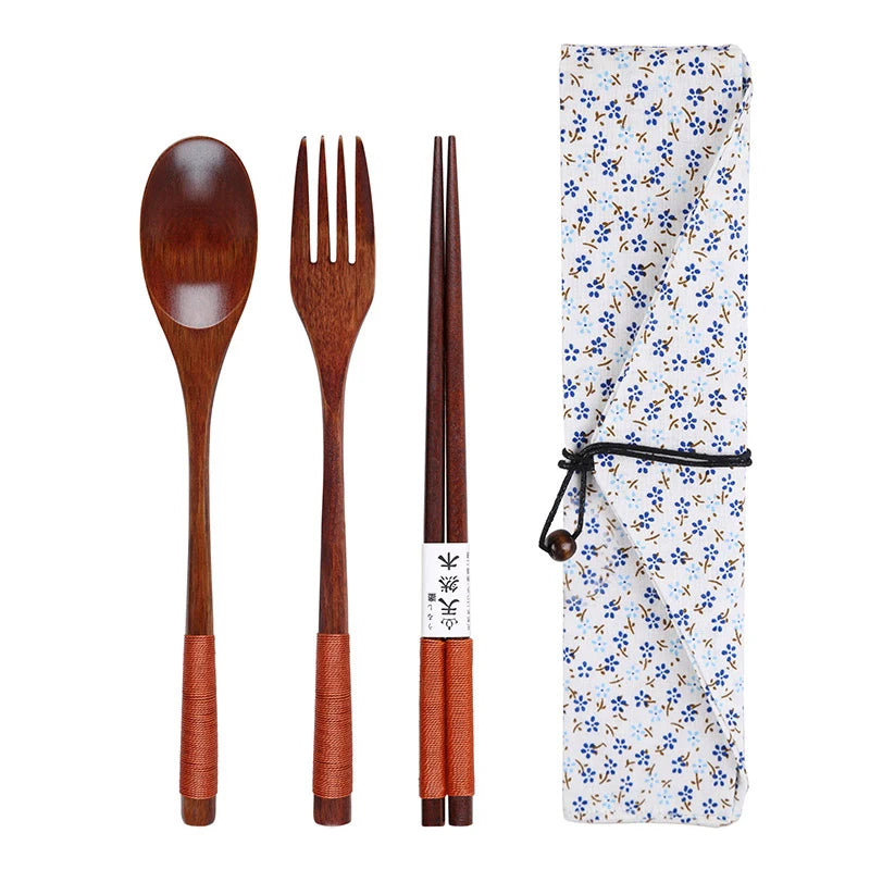 Natural Wooden Cutlery Set – Japanese Style Spoon, Fork & Chopsticks with Bag