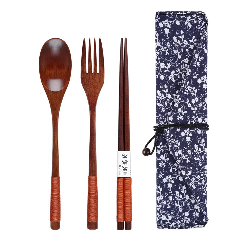 Natural Wooden Cutlery Set – Japanese Style Spoon, Fork & Chopsticks with Bag