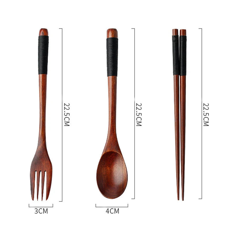 Natural Wooden Cutlery Set – Japanese Style Spoon, Fork & Chopsticks with Bag