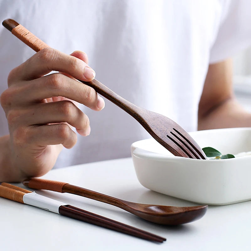 Natural Wooden Cutlery Set – Japanese Style Spoon, Fork & Chopsticks with Bag