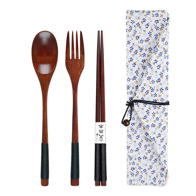 Natural Wooden Cutlery Set – Japanese Style Spoon, Fork & Chopsticks with Bag