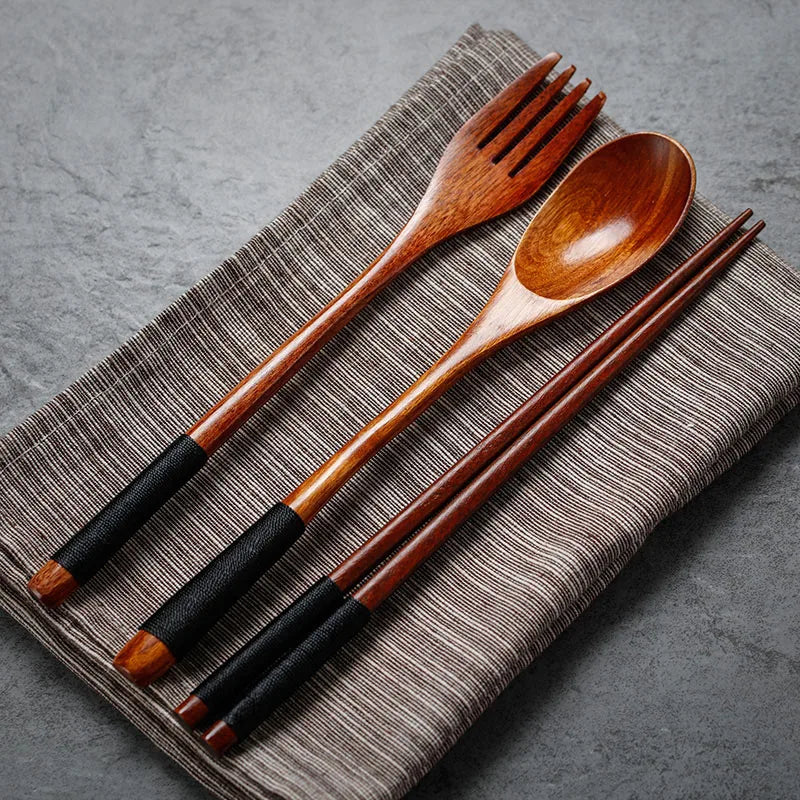 Natural Wooden Cutlery Set – Japanese Style Spoon, Fork & Chopsticks with Bag