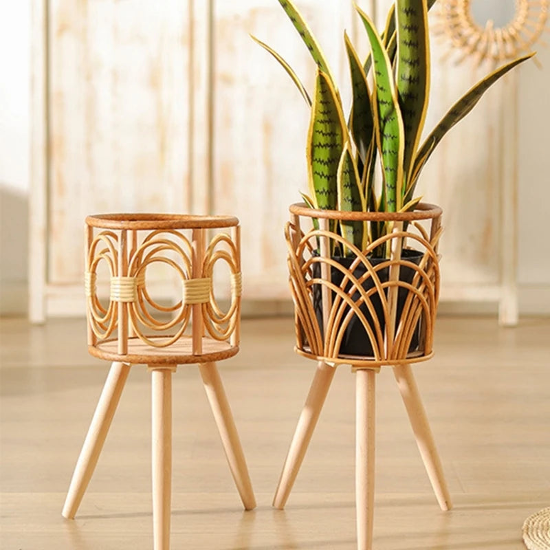 Handwoven Rattan Plant Stand – Eco-Friendly Wicker Planter with Wooden Legs