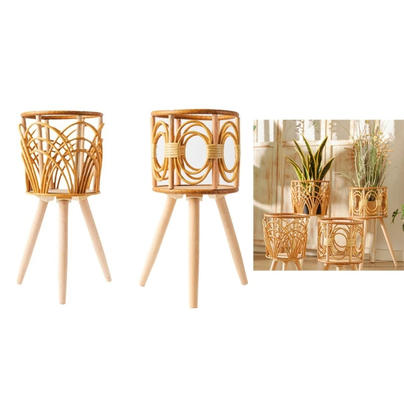 Handwoven Rattan Plant Stand – Eco-Friendly Wicker Planter with Wooden Legs