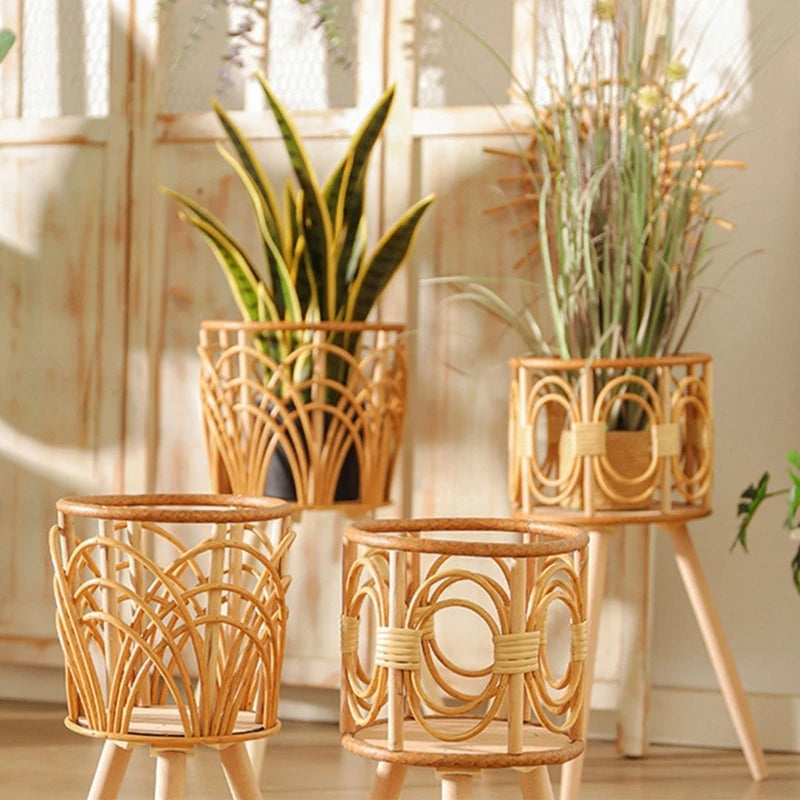 Handwoven Rattan Plant Stand – Eco-Friendly Wicker Planter with Wooden Legs